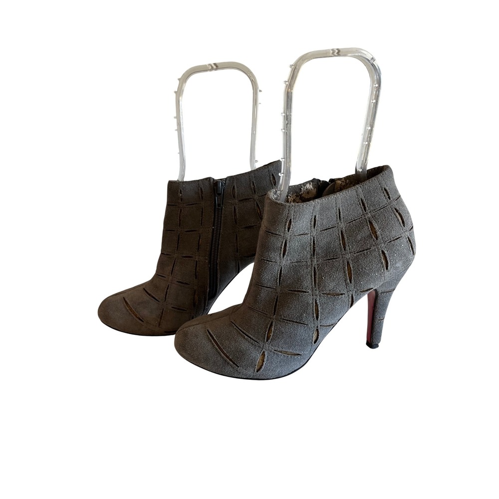 Christian Louboutin Grey Suede Cutout Ankle Boots Red Bottom Heels Size 38